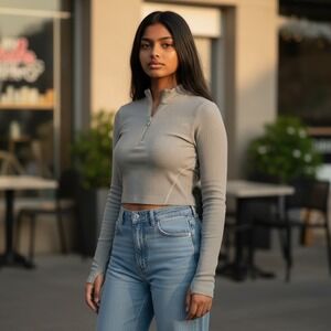 Forever 21 Mock Neck Cropped Long Sleeve Zip Up Top Tan Solid Casual Athletic